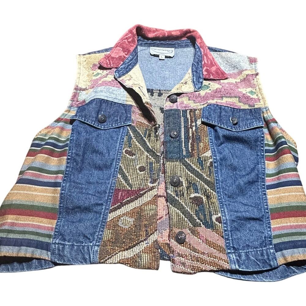 Stonebridge Vintage Patchwork Blue Denim Southwest style Vest size large